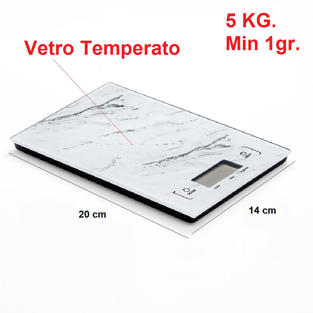 Bilancia Cucina Digitale Ultra sottile Vetro Effetto Marmo 5KG 20x14cm Bianco