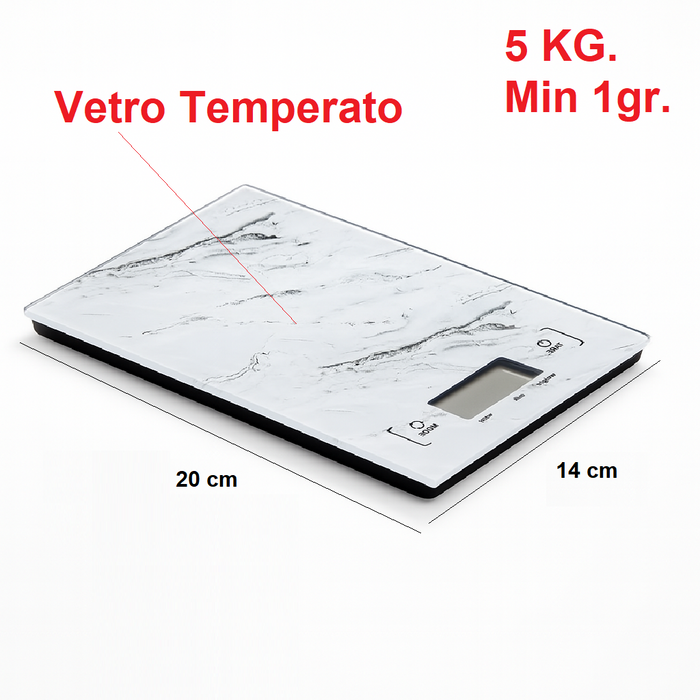 Bilancia Cucina Digitale Ultra sottile Vetro Effetto Marmo 5KG 20x14cm Bianco