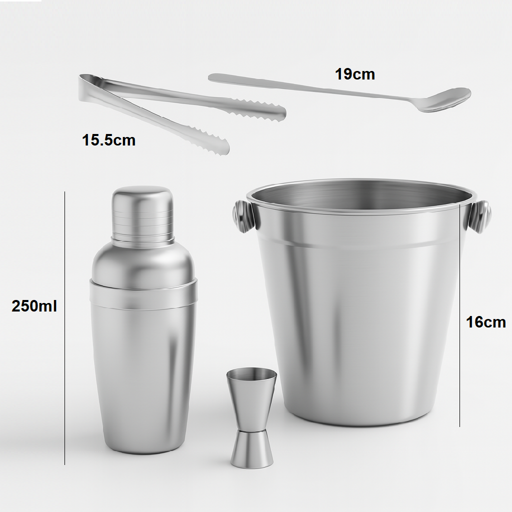 Set 5pz Preparazione Cocktail Secchiello Shaker e Accessori Acciaio Inox Kit Barman