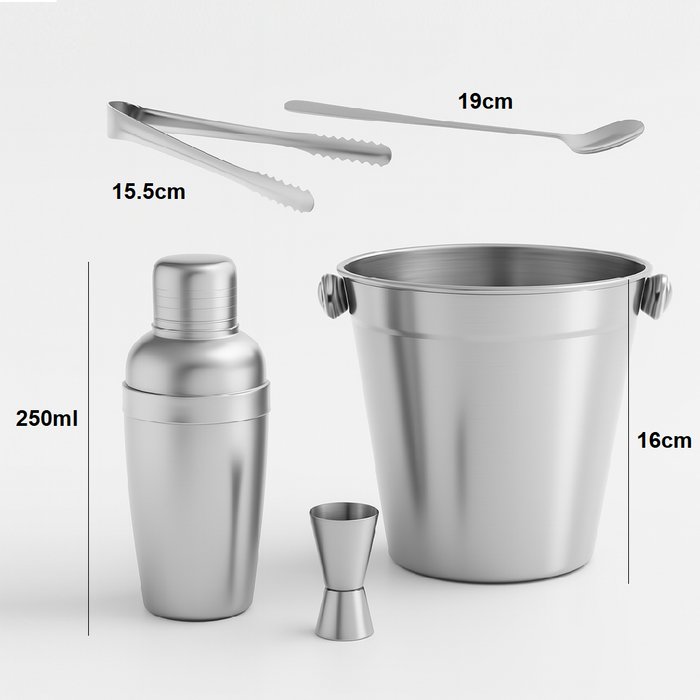 Set 5pz Preparazione Cocktail Secchiello Shaker e Accessori Acciaio Inox Kit Barman