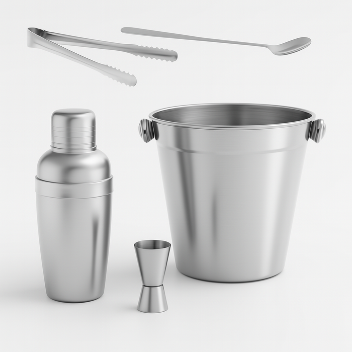 Set 5pz Preparazione Cocktail Secchiello Shaker e Accessori Acciaio Inox Kit Barman