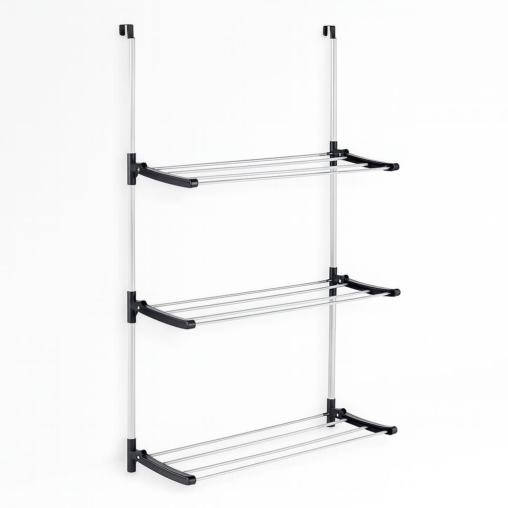 Stendino Pieghevole 3Piani in metallo Zincato e Plastica Stendino per Termosifone Dietro Porta Silver e Nero