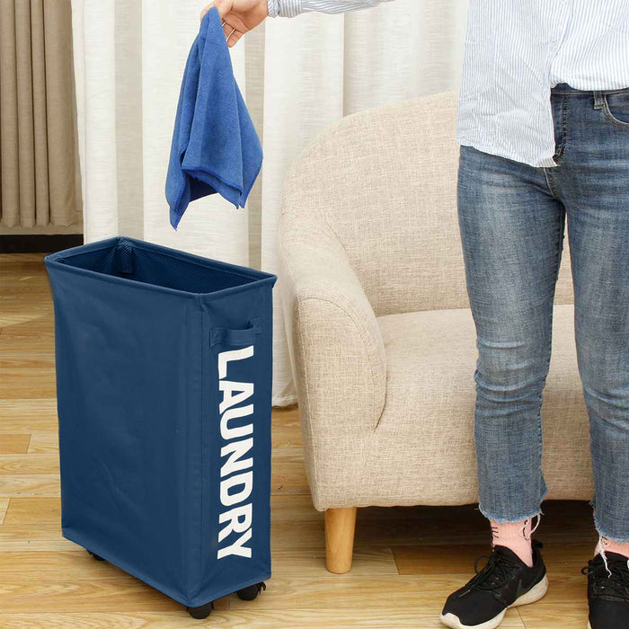 Cesto Biancheria Sporca Pieghevole in Tessuto Oxford Slim con Ruote e Coperchio Blu