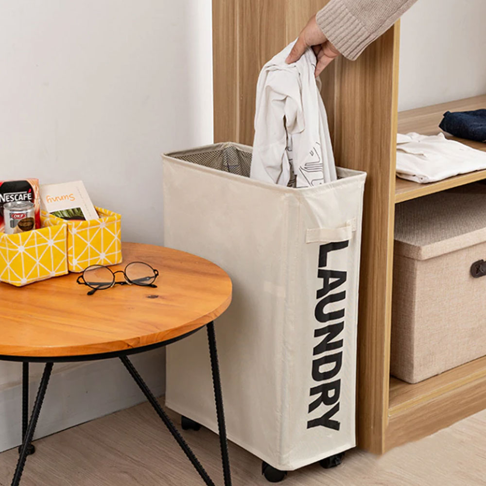 Cesto Biancheria Sporca Pieghevole in Tessuto Oxford Slim con Ruote e Coperchio Beige