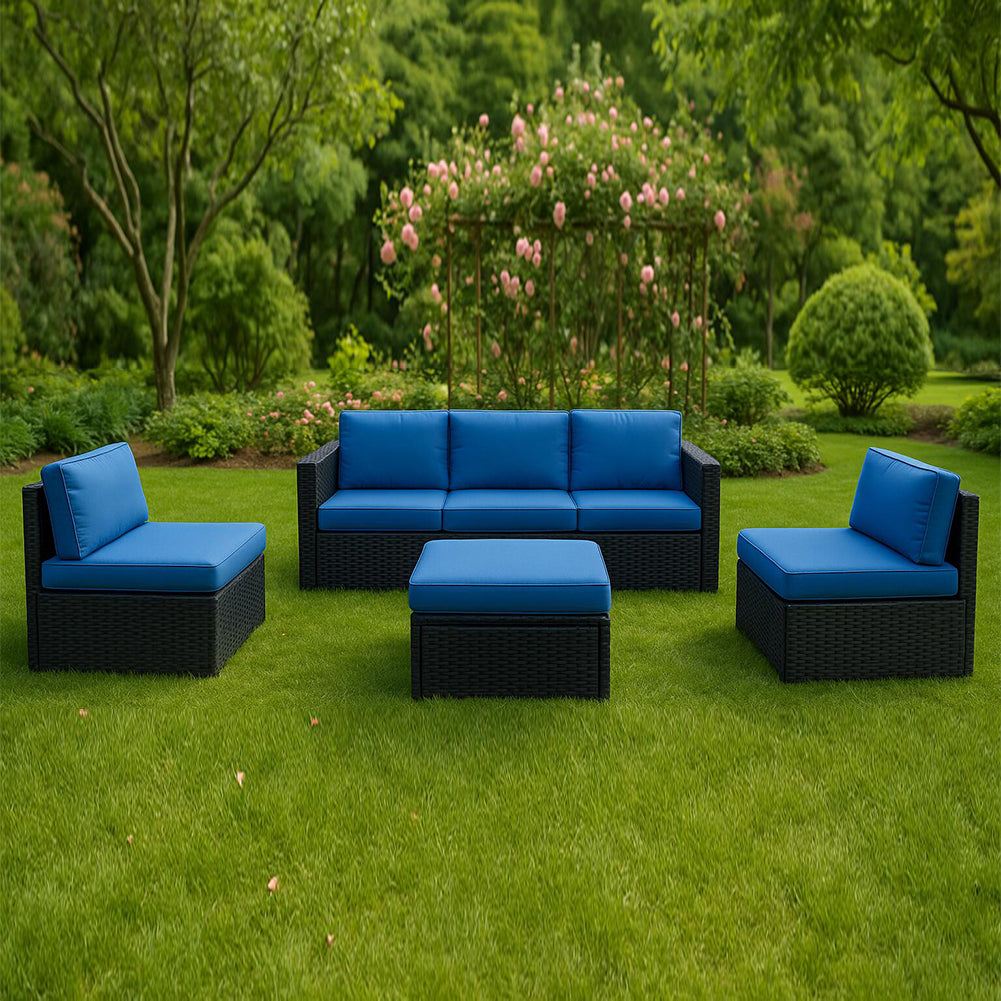 Set 4 Pezzi Salotto per Esterni Giardino in Polyrattan Anti UV con Cuscini Blu