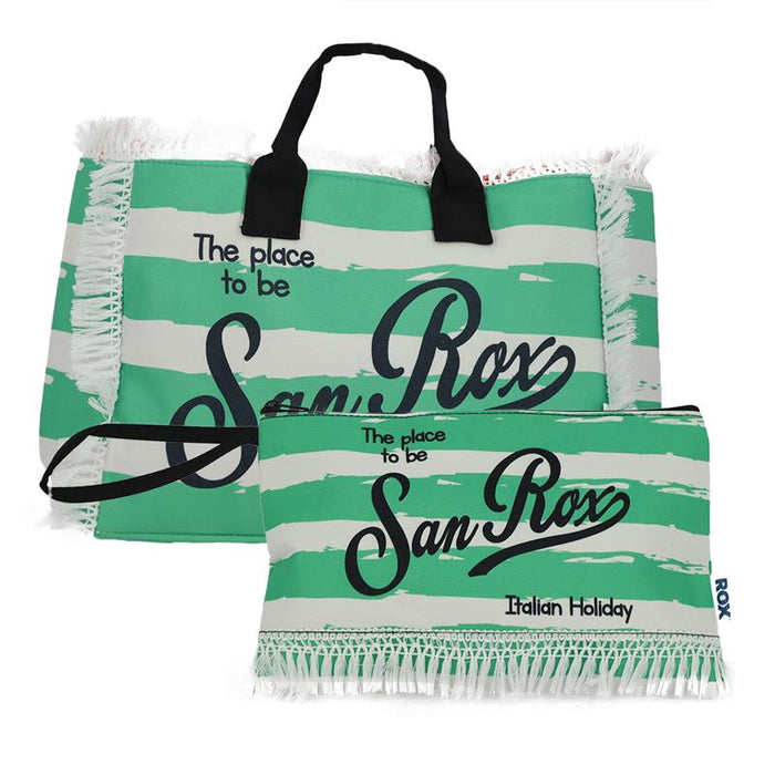 BORSA MARE IN POLICOTONE E POLIESTERE CON MANICO E FRANGE FANTASIA A RIGHE BIANCHE E VERDI 30X12X22 CM