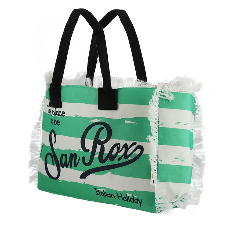 BORSA MARE IN POLICOTONE E POLIESTERE CON MANICO E FRANGE FANTASIA A RIGHE BIANCHE E VERDI 30X12X22 CM