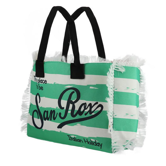 BORSA MARE IN POLICOTONE E POLIESTERE CON MANICO E FRANGE FANTASIA A RIGHE BIANCHE E VERDI 30X12X22 CM