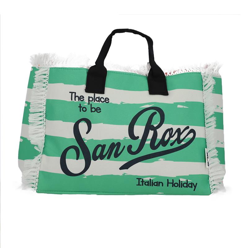BORSA MARE IN POLICOTONE E POLIESTERE CON MANICO E FRANGE FANTASIA A RIGHE BIANCHE E VERDI 30X12X22 CM