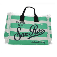 BORSA MARE IN POLICOTONE E POLIESTERE CON MANICO E FRANGE FANTASIA A RIGHE BIANCHE E VERDI 30X12X22 CM