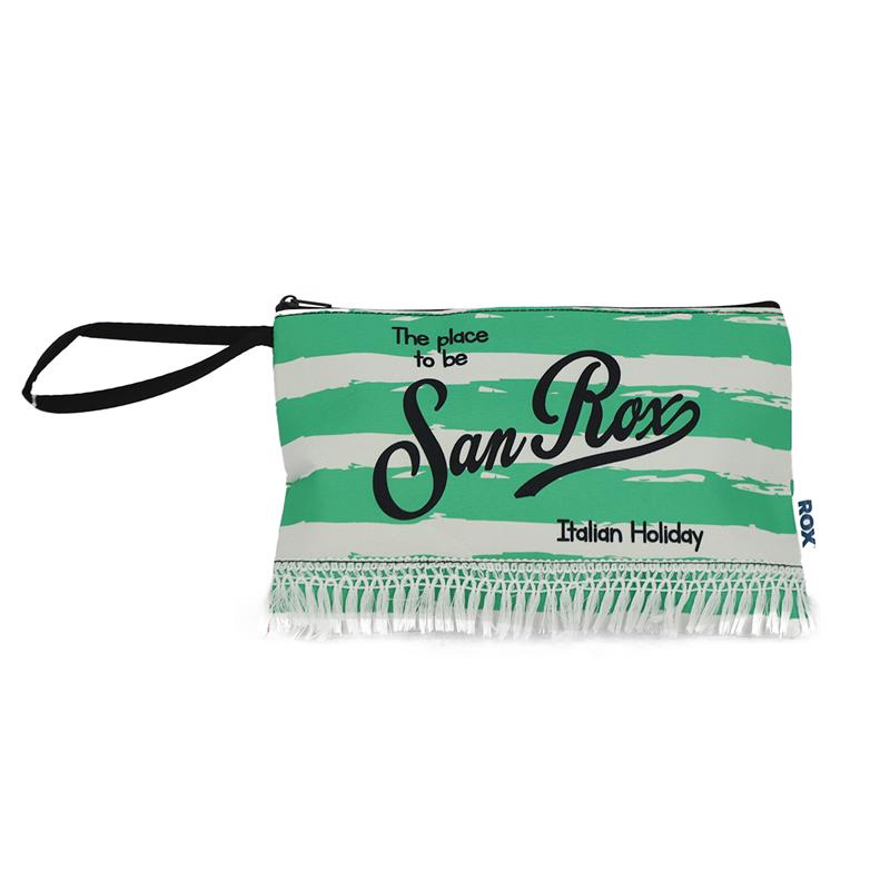 BORSA MARE IN POLICOTONE E POLIESTERE CON MANICO E FRANGE FANTASIA A RIGHE BIANCHE E VERDI 30X12X22 CM