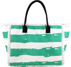 BORSA MARE IN POLICOTONE E POLIESTERE CON MANICO E FRANGE FANTASIA A RIGHE BIANCHE E VERDI 30X12X22 CM