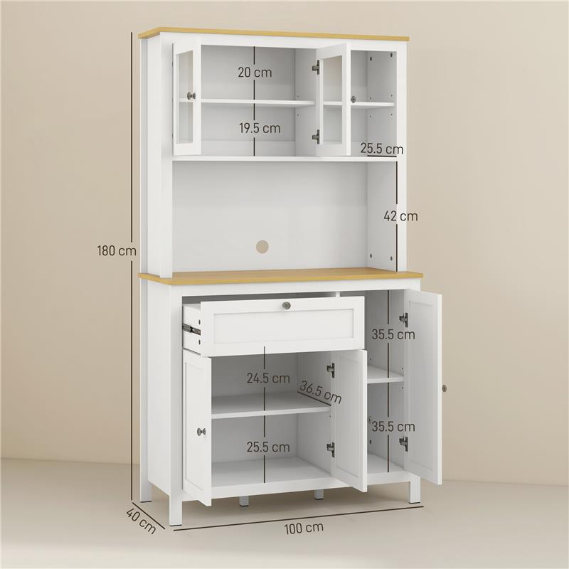 DISPENSA CUCINA CON CASSETTI RIPIANI APERTI E SCAFFALI REGOLABILI IN LEGNO 100X40X180 CM BIANCO