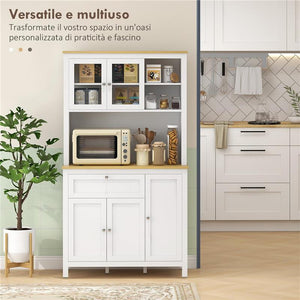 DISPENSA CUCINA CON CASSETTI RIPIANI APERTI E SCAFFALI REGOLABILI IN LEGNO 100X40X180 CM BIANCO