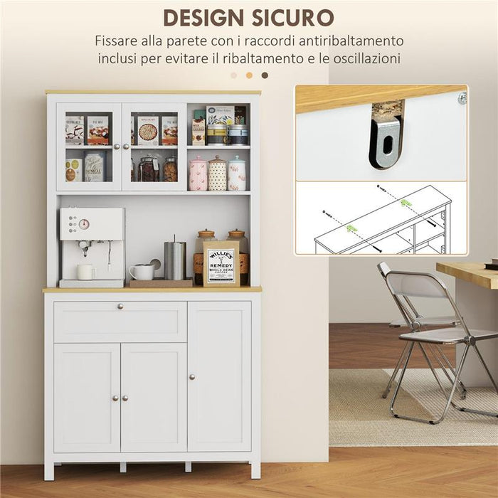 DISPENSA CUCINA CON CASSETTI RIPIANI APERTI E SCAFFALI REGOLABILI IN LEGNO 100X40X180 CM BIANCO