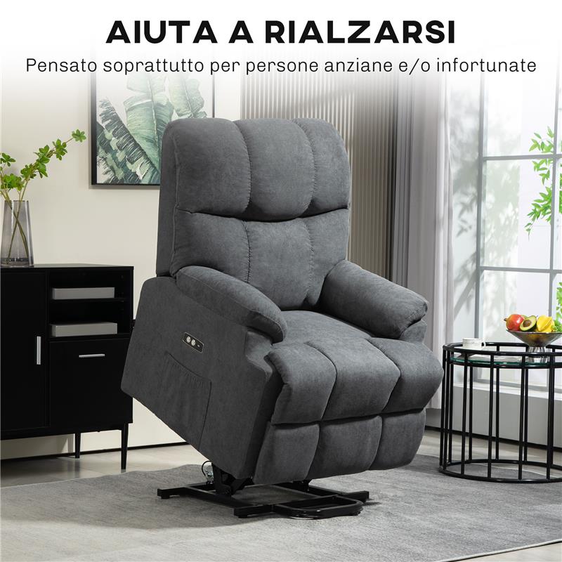 POLTRONA ALZAPERSONA CON POGGIAPIEDI E TELECOMANDO IN TESSUTO EFFETTO LINO 84X96X100 CM GRIGIO SCURO