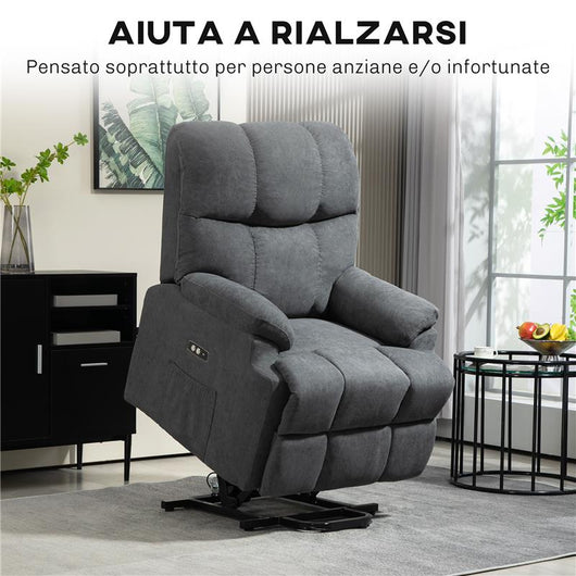 POLTRONA ALZAPERSONA CON POGGIAPIEDI E TELECOMANDO IN TESSUTO EFFETTO LINO 84X96X100 CM GRIGIO SCURO