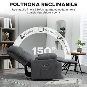 POLTRONA ALZAPERSONA CON POGGIAPIEDI E TELECOMANDO IN TESSUTO EFFETTO LINO 84X96X100 CM GRIGIO SCURO