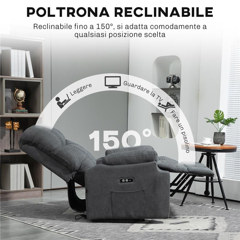 POLTRONA ALZAPERSONA CON POGGIAPIEDI E TELECOMANDO IN TESSUTO EFFETTO LINO 84X96X100 CM GRIGIO SCURO