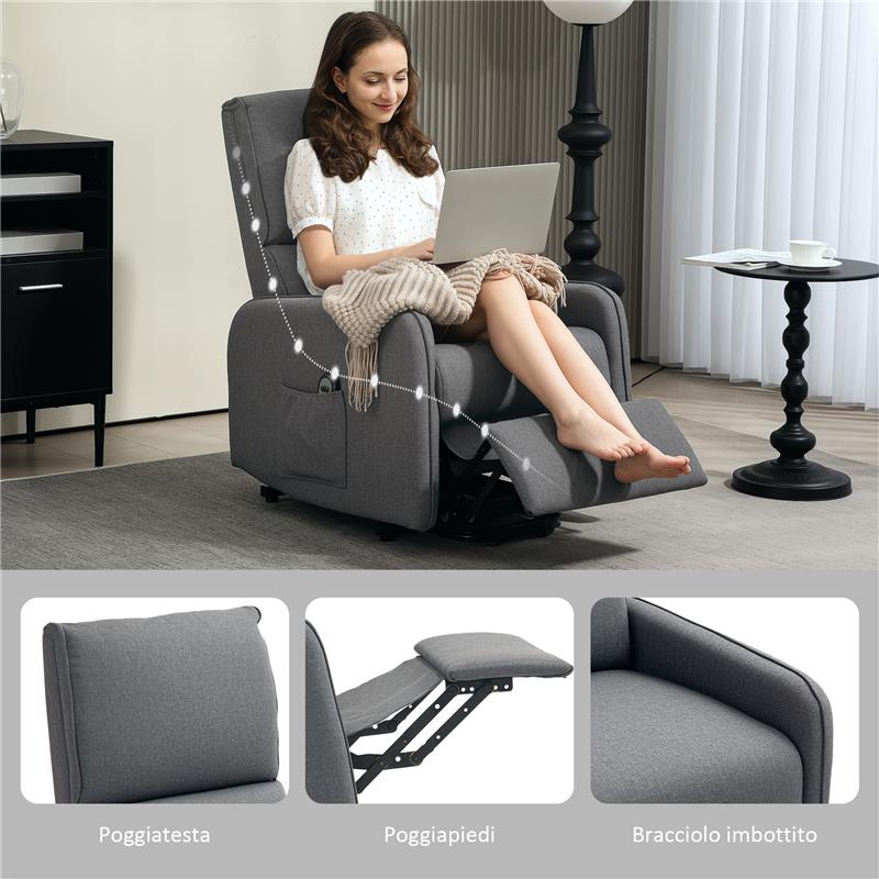 POLTRONA ALZAPERSONA ELETTRICA RECLINABILE CON TELECOMANDO E TASCA IN TESSUTO GRIGIO CARBONE