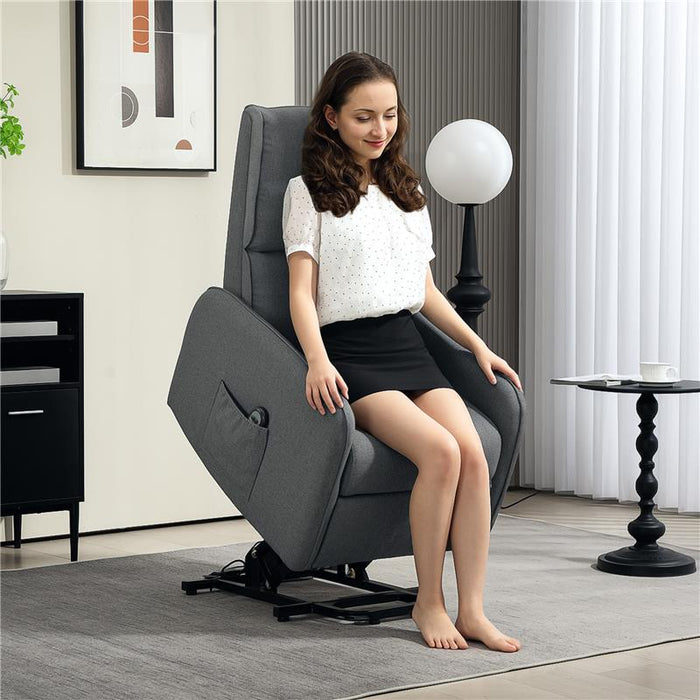 POLTRONA ALZAPERSONA ELETTRICA RECLINABILE CON TELECOMANDO E TASCA IN TESSUTO GRIGIO CARBONE