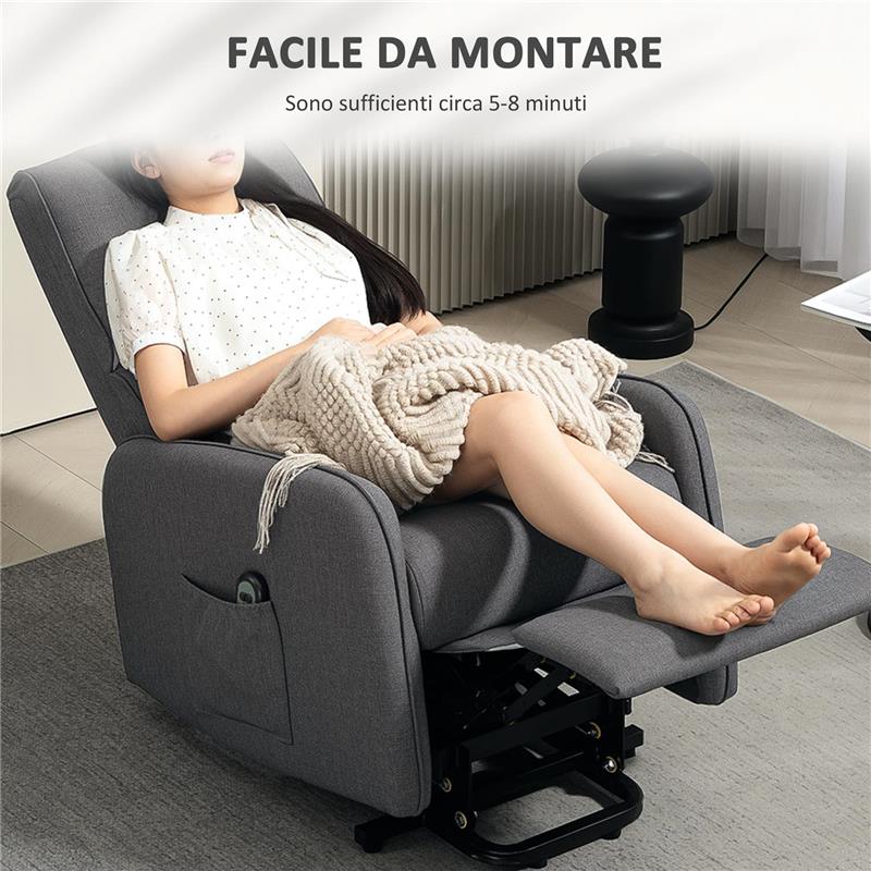 POLTRONA ALZAPERSONA ELETTRICA RECLINABILE CON TELECOMANDO E TASCA IN TESSUTO GRIGIO CARBONE