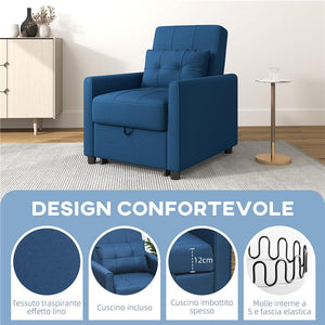 POLTRONA LETTO SINGOLO RECLINABILE SU 3 LIVELLI CON CUSCINO EXTRA 69X82X85 CM BLU
