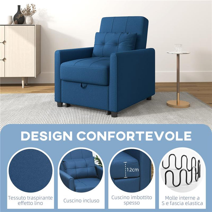POLTRONA LETTO SINGOLO RECLINABILE SU 3 LIVELLI CON CUSCINO EXTRA 69X82X85 CM BLU