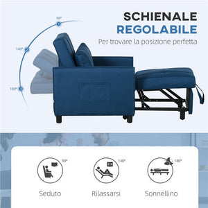 POLTRONA LETTO SINGOLO RECLINABILE SU 3 LIVELLI CON CUSCINO EXTRA 69X82X85 CM BLU