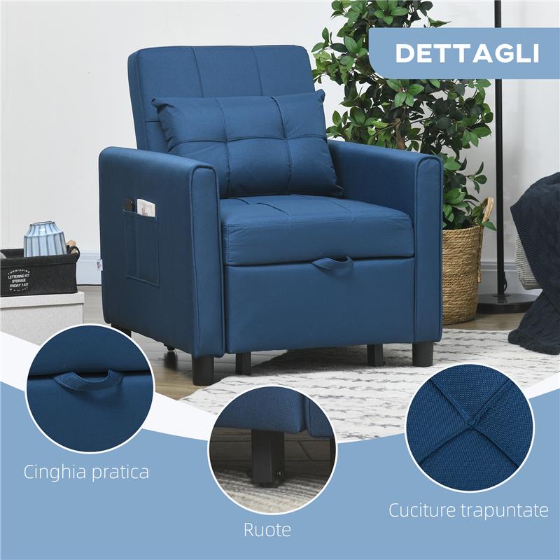 POLTRONA LETTO SINGOLO RECLINABILE SU 3 LIVELLI CON CUSCINO EXTRA 69X82X85 CM BLU