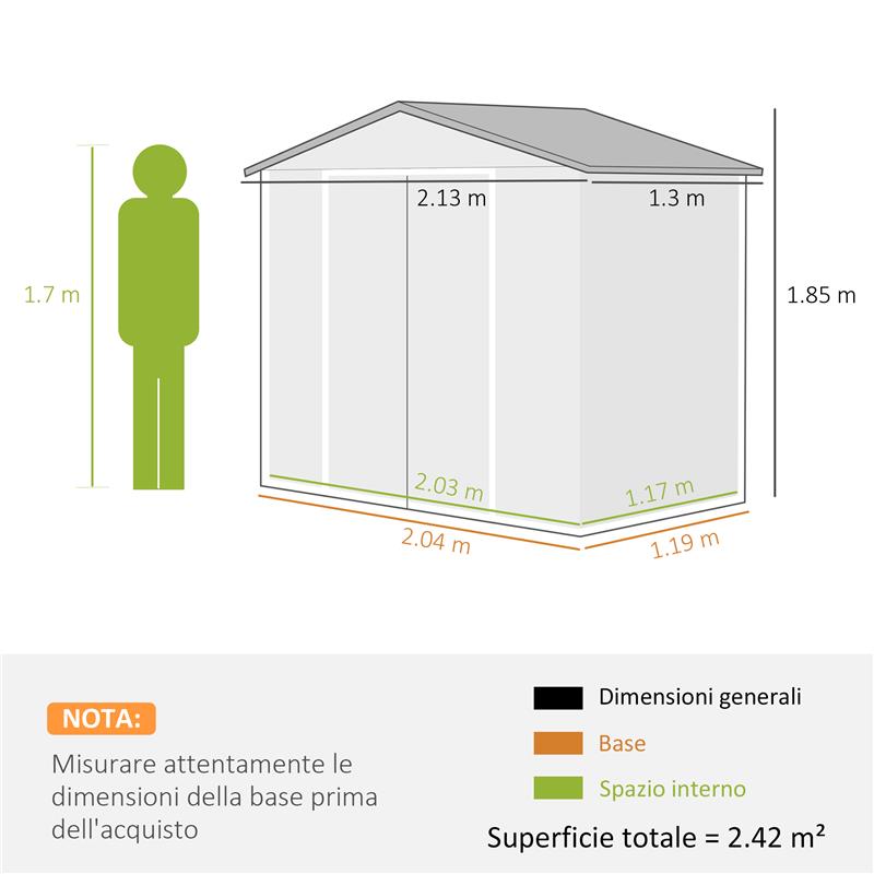 CASETTA DA GIARDINO IN METALLO CON PRESE D'ARIA E DOPPIA PORTA SCORREVOLE 2.1X1.3M MARRONE CHIARO