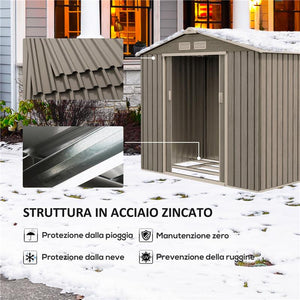 CASETTA DA GIARDINO IN METALLO CON PRESE D'ARIA E DOPPIA PORTA SCORREVOLE 2.1X1.3M MARRONE CHIARO