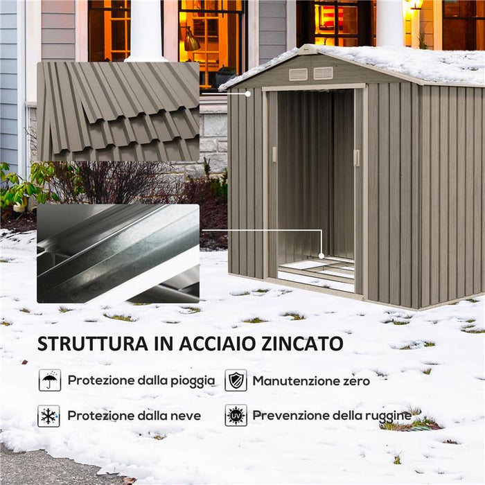 CASETTA DA GIARDINO IN METALLO CON PRESE D'ARIA E DOPPIA PORTA SCORREVOLE 2.1X1.3M MARRONE CHIARO