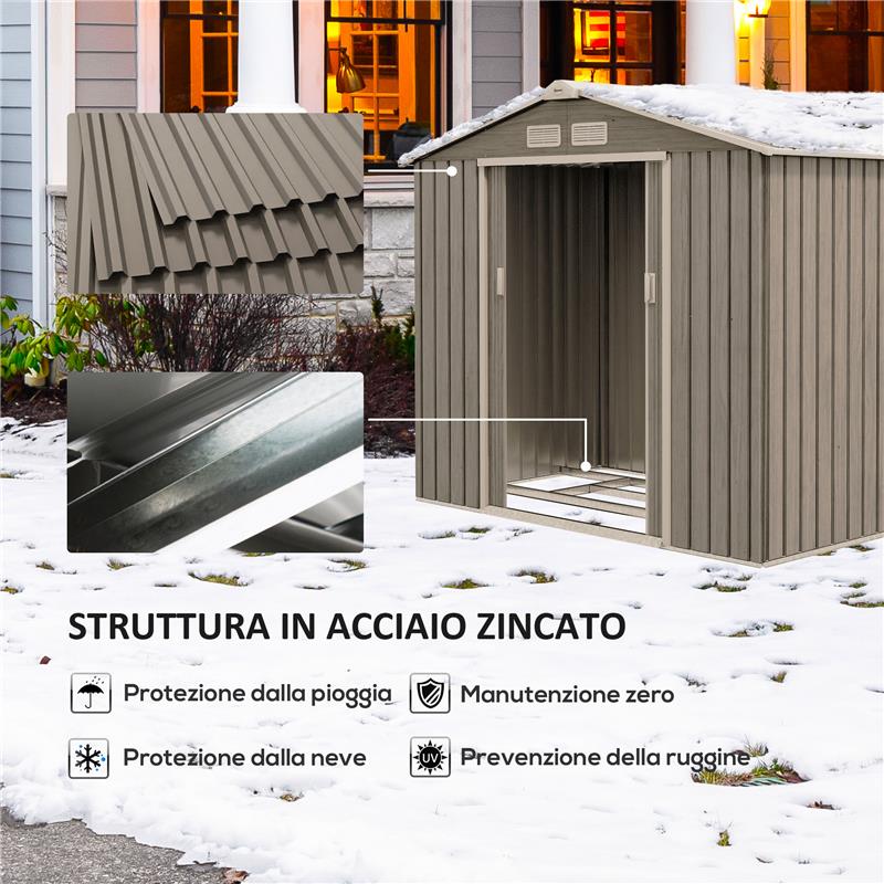 CASETTA DA GIARDINO IN METALLO CON PRESE D'ARIA E DOPPIA PORTA SCORREVOLE 2.1X1.3M MARRONE CHIARO