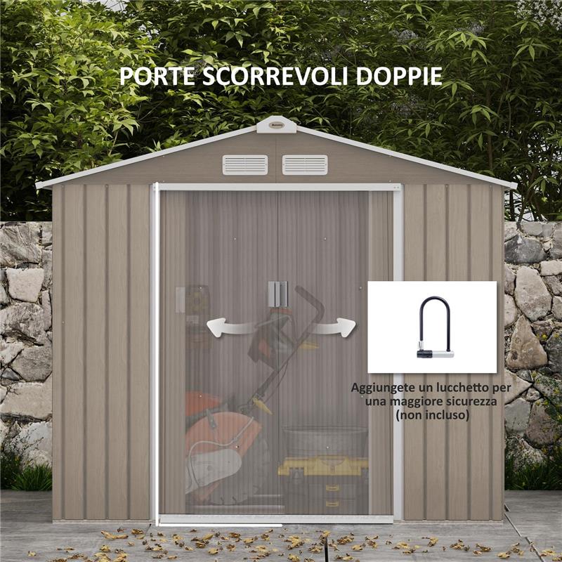 CASETTA DA GIARDINO IN METALLO CON PRESE D'ARIA E DOPPIA PORTA SCORREVOLE 2.1X1.3M MARRONE CHIARO