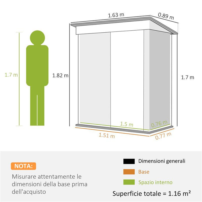 CAPANNO ATTREZZI CON TETTO INCLINATO E PORTA SCORREVOLE IN ACCIAIO ZINCATO 163X89X182 CM VERDE