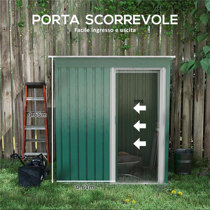 CAPANNO ATTREZZI CON TETTO INCLINATO E PORTA SCORREVOLE IN ACCIAIO ZINCATO 163X89X182 CM VERDE