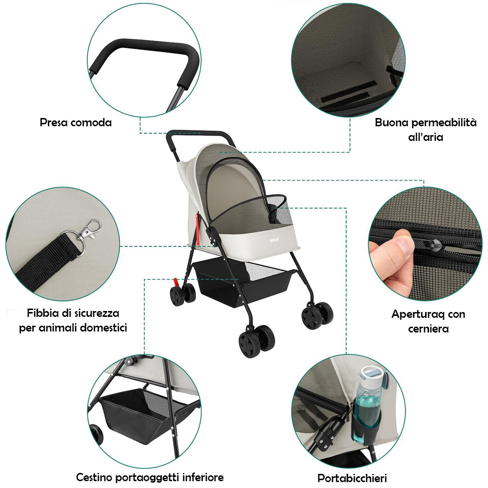 Passeggino per Cani e Gatti Carrozzina Animali Domestici Pieghevole Grigio 15kg