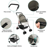 Passeggino per Cani e Gatti Carrozzina Animali Domestici Pieghevole Grigio 15kg