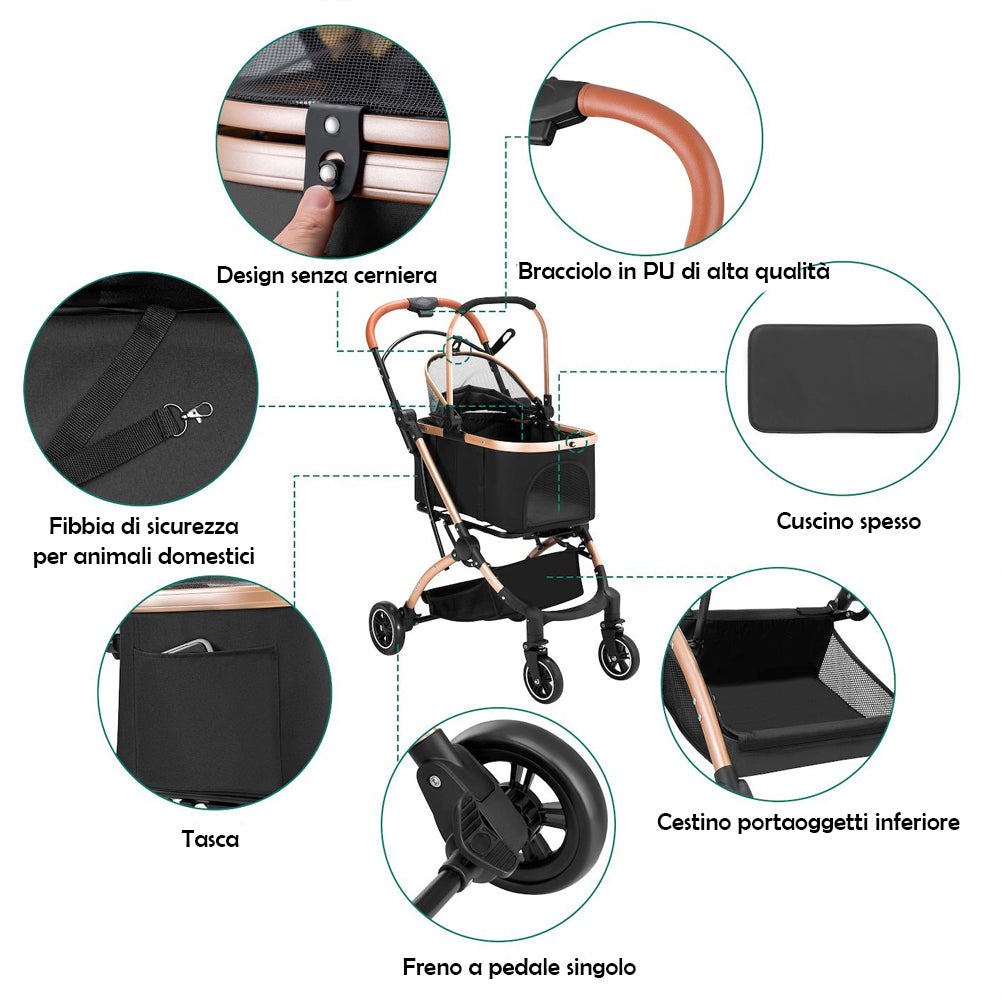 Passeggino 2in1 per Animali Domestici Carrozzina Cani e Gatti Convertibile Nero