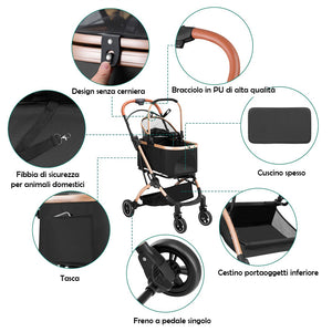 Passeggino 2in1 per Animali Domestici Carrozzina Cani e Gatti Convertibile Nero