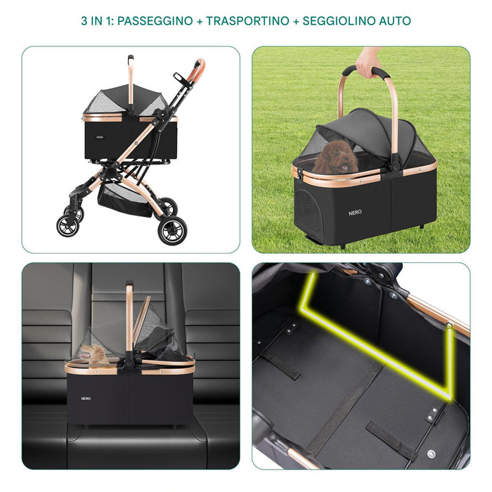Passeggino 2in1 per Animali Domestici Carrozzina Cani e Gatti Convertibile Nero