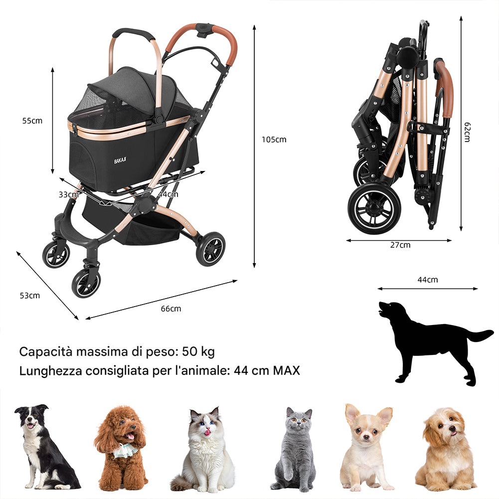 Passeggino 2in1 per Animali Domestici Carrozzina Cani e Gatti Convertibile Nero