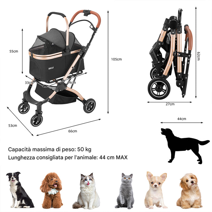 Passeggino 2in1 per Animali Domestici Carrozzina Cani e Gatti Convertibile Nero