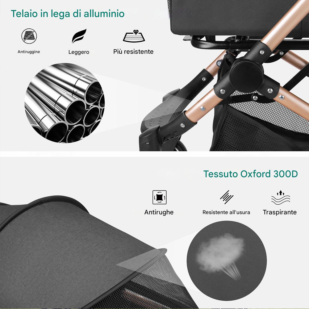 Passeggino 2in1 per Animali Domestici Carrozzina Cani e Gatti Convertibile Nero