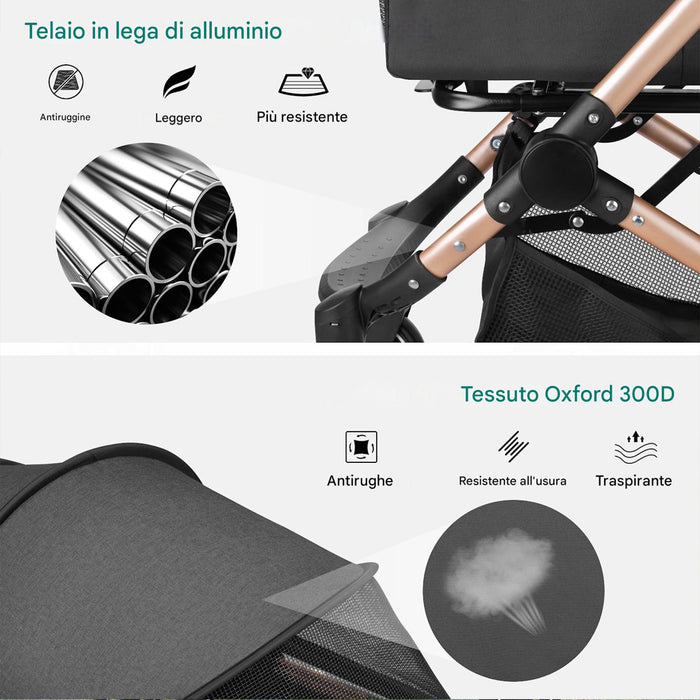 Passeggino 2in1 per Animali Domestici Carrozzina Cani e Gatti Convertibile Nero