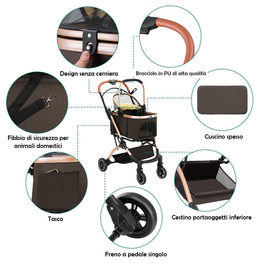 Passeggino 2in1 per Animali Domestici Carrozzina Cani Gatti Convertibile Marrone