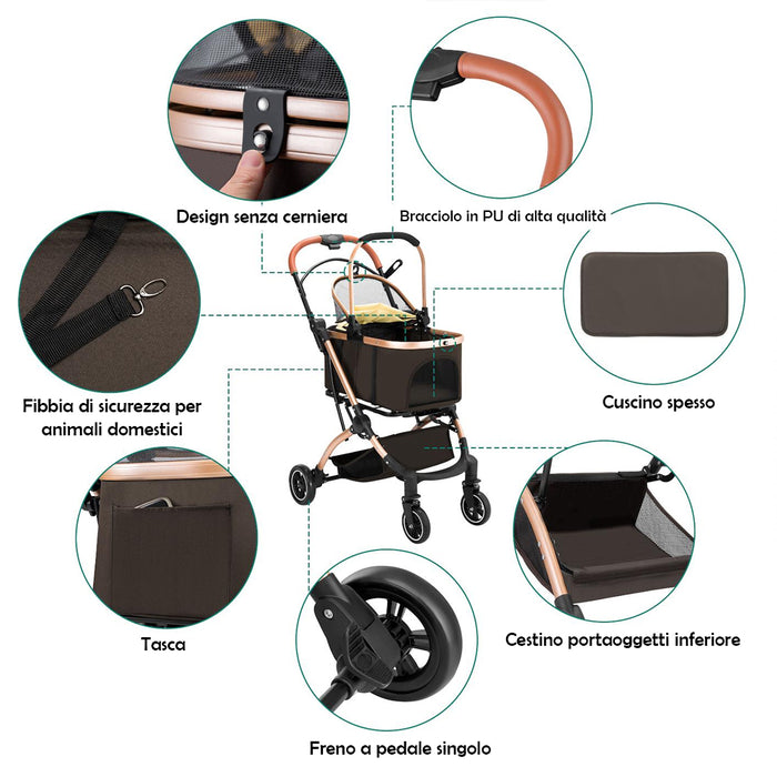 Passeggino 2in1 per Animali Domestici Carrozzina Cani Gatti Convertibile Marrone