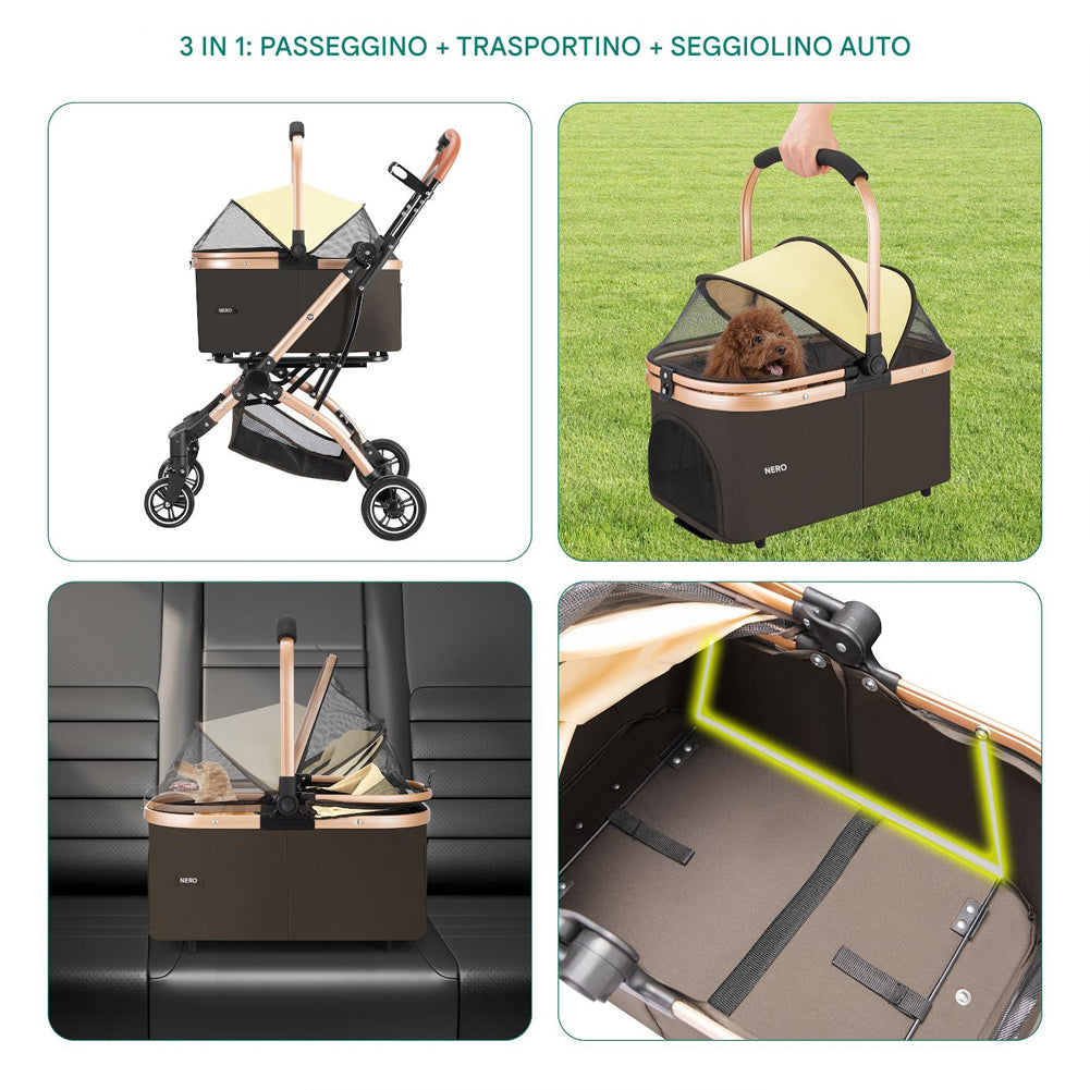 Passeggino 2in1 per Animali Domestici Carrozzina Cani Gatti Convertibile Marrone