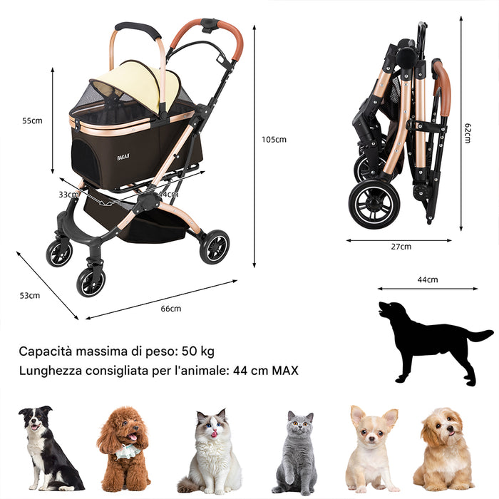 Passeggino 2in1 per Animali Domestici Carrozzina Cani Gatti Convertibile Marrone